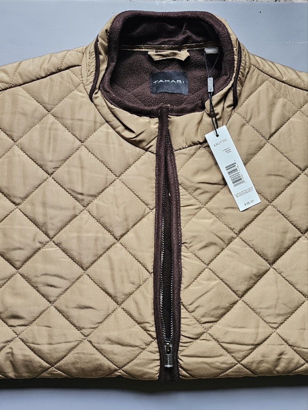 Tahari Quilted Tan Jacket with Brown Trim